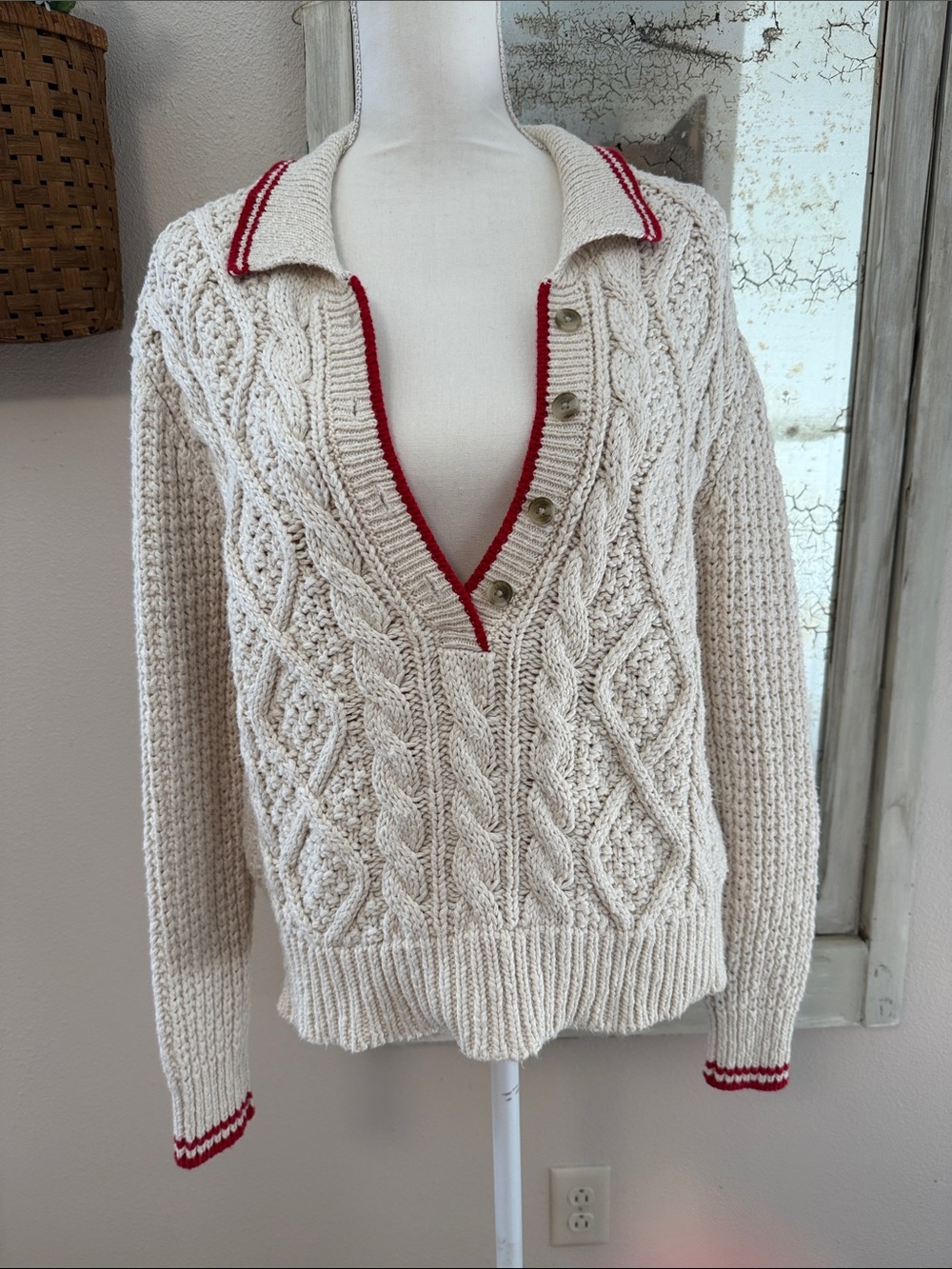 dylan Cream Cable Knit V-Neck Sweater with Red Trim